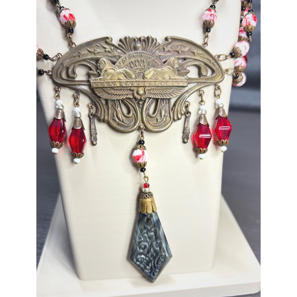 Antique Czechoslovakia Brass Glass Sphinx Necklace Egyptian Revival Art Deco